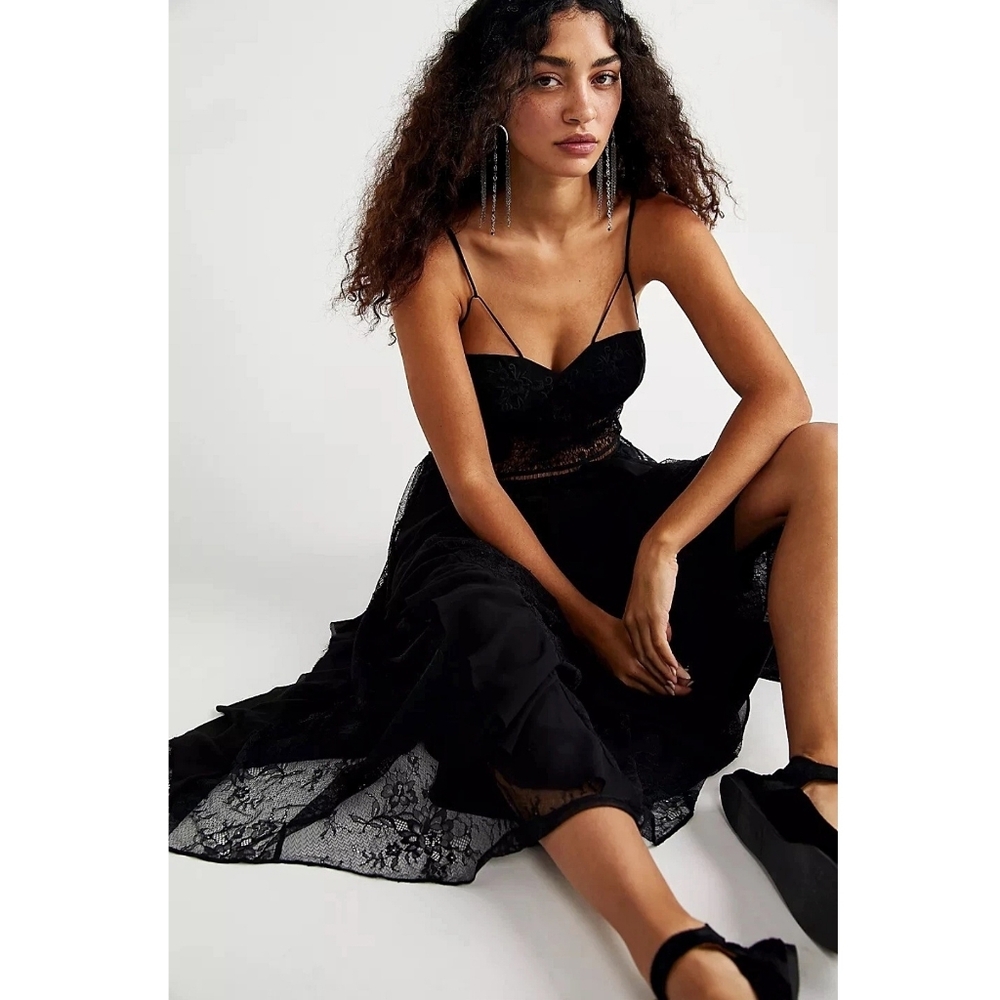 Free People Black Magic Whimsygoth Ruffle Lace Maxi Dress
